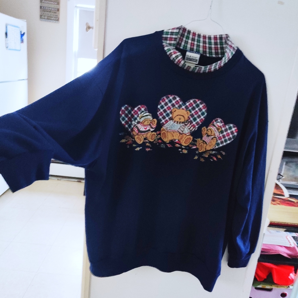 💙SOLD💙 VINTAGE 80s Teddy Bear Plaid Mock Neck Navy Crewneck Sweater XXL - Picture 5 of 9